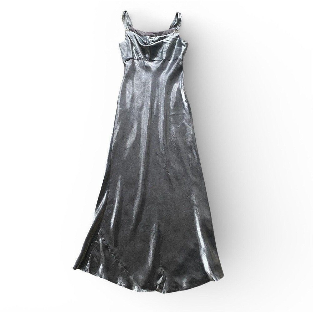 Vintage Cachet Maxi Dress 12 Silver Metallic Flowing Formal Art Deco Gatsby Glam